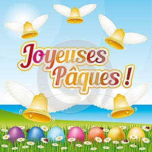 Beautiful and colorful French Happy Easter greeting card IV with easter eggs and bells.