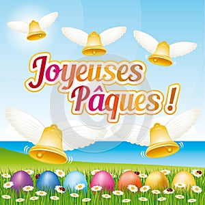 Beautiful and colorful French Happy Easter greeting card V with easter eggs and bells.