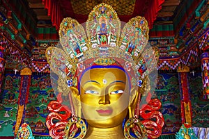 Beautiful and colorful golden buddha statue that call Maitreya Buddha statue in Thiksey monastery temple