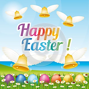 Beautiful and colorful Happy Easter greeting card with easter eggs and bells. Illustration VI.