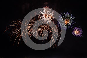 Beautiful colorful holiday fireworks on the black sky background, long exposure