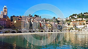 Beautiful Colorful Houses In The Old Town Of Menton And The Mediterranean Sea