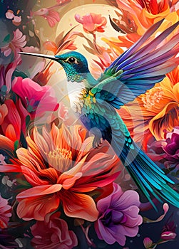 Beautiful colorful Hummingbird on flowers illustration.