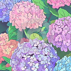 Beautiful colorful hydrangea flowers as background, top view