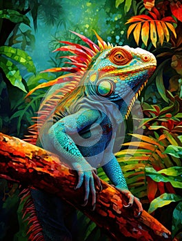 Beautiful colorful iguana on the branch in rainforest