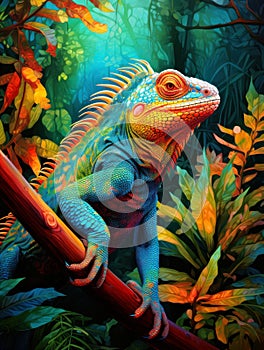 Beautiful colorful iguana on the branch in rainforest