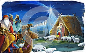 Religious illustration three kings - and holy family - traditional scene