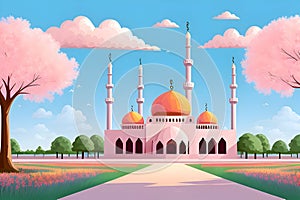 Beautiful and colorful illustration of mosque with trees, flowers and peaceful sky, tranquil, serene, vibrant. AI Generated