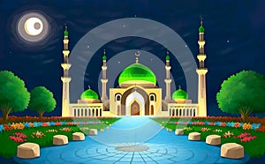 Beautiful and colorful illustration of mosque with trees, flowers and peaceful sky, tranquil, serene, vibrant. AI Generated