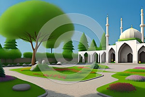 Beautiful and colorful illustration of mosque with trees, flowers and peaceful sky, tranquil, serene, vibrant. AI Generated