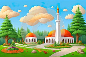 Beautiful and colorful illustration of mosque with trees, flowers and peaceful sky, tranquil, serene, vibrant. AI Generated