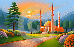 Beautiful and colorful illustration of mosque with trees, flowers and peaceful sky, tranquil, serene, vibrant. AI Generated