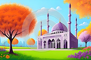 Beautiful and colorful illustration of mosque with trees, flowers and peaceful sky, tranquil, serene, vibrant. AI Generated