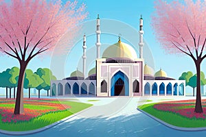 Beautiful and colorful illustration of mosque with trees, flowers and peaceful sky, tranquil, serene, vibrant. AI Generated