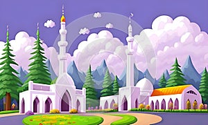 Beautiful and colorful illustration of mosque with trees, flowers and peaceful sky, tranquil, serene, vibrant. AI Generated