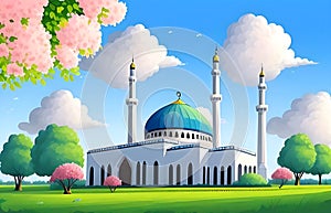 Beautiful and colorful illustration of mosque with trees, flowers and peaceful sky, tranquil, serene, vibrant. AI Generated