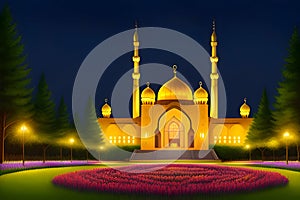 Beautiful and colorful illustration of mosque with trees, flowers and peaceful sky, tranquil, serene, vibrant. AI Generated