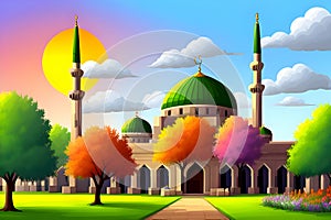 Beautiful and colorful illustration of mosque with trees, flowers and peaceful sky, tranquil, serene, vibrant. AI Generated