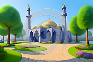 Beautiful and colorful illustration of mosque with trees, flowers and peaceful sky, tranquil, serene, vibrant. AI Generated