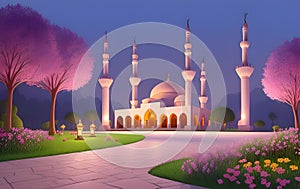 Beautiful and colorful illustration of mosque with trees, flowers and peaceful sky, tranquil, serene, vibrant. AI Generated