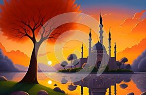 Beautiful and colorful illustration of mosque with trees, flowers and peaceful sky, tranquil, serene, vibrant. AI Generated