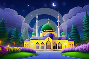 Beautiful and colorful illustration of mosque with trees, flowers and peaceful sky, tranquil, serene, vibrant. AI Generated