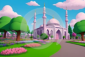 Beautiful and colorful illustration of mosque with trees, flowers and peaceful sky, tranquil, serene, vibrant. AI Generated