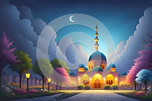 Beautiful and colorful illustration of mosque with trees, flowers and peaceful sky, tranquil, serene, vibrant. AI Generated