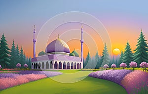 Beautiful and colorful illustration of mosque with trees, flowers and peaceful sky, tranquil, serene, vibrant. AI Generated