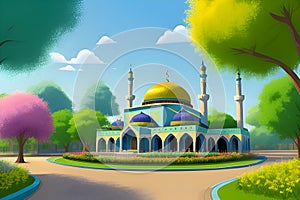 Beautiful and colorful illustration of mosque with trees, flowers and peaceful sky, tranquil, serene, vibrant. AI Generated