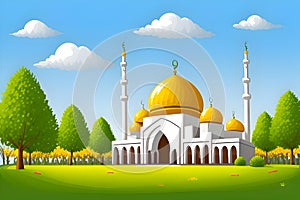 Beautiful and colorful illustration of mosque with trees, flowers and peaceful sky, tranquil, serene, vibrant. AI Generated