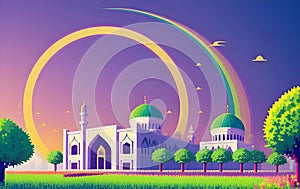 Beautiful and colorful illustration of mosque with trees, flowers and peaceful sky, tranquil, serene, vibrant. AI Generated