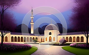 Beautiful and colorful illustration of mosque with trees, flowers and peaceful sky, tranquil, serene, vibrant. AI Generated