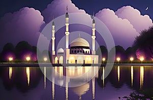 Beautiful and colorful illustration of mosque with trees, flowers and peaceful sky, tranquil, serene, vibrant. AI Generated