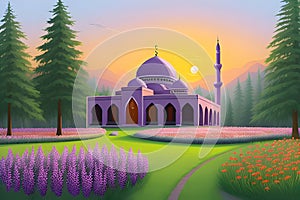 Beautiful and colorful illustration of mosque with trees, flowers and peaceful sky, tranquil, serene, vibrant. AI Generated