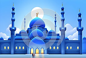 Beautiful and colorful illustration of mosque with trees, flowers and peaceful sky, tranquil, serene, vibrant. AI Generated