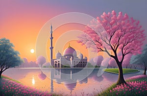 Beautiful and colorful illustration of mosque with trees, flowers and peaceful sky, tranquil, serene, vibrant. AI Generated