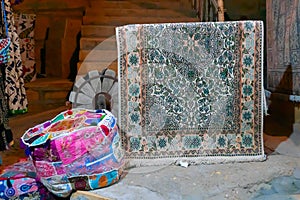 Beautiful colorful Indian sarees, displayed for sale at market place, Jaisalmer, India