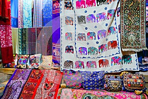 Beautiful colorful Indian sarees, displayed for sale at market place, Jaisalmer, India