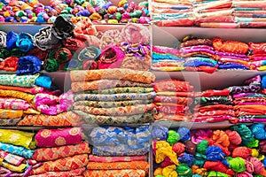 Beautiful colorful Indian sarees are displayed for sale at market place,Jaisalmer, India