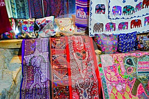Beautiful colorful Indian sarees are displayed for sale at market place,Jaisalmer, India
