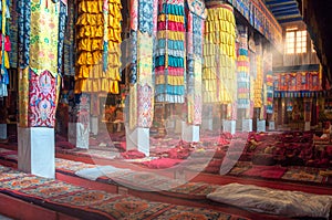 Beautiful colorful interior decoration of Tibetan buddhist temple, Tibet