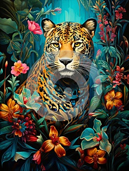 Beautiful colorful jaguar in rainforest