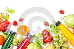 Beautiful colorful juice bottles with tropical fruits border isolated on white background. Vegetarion food concept. Detox