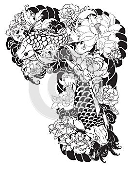 Beautiful, colorful Koi carp with water splash, lotus and peony flower. Traditional Japanese tattoo design.