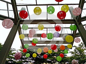 beautiful colorful lanterns hung from the canopy.