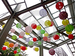 beautiful colorful lanterns hung from the canopy.