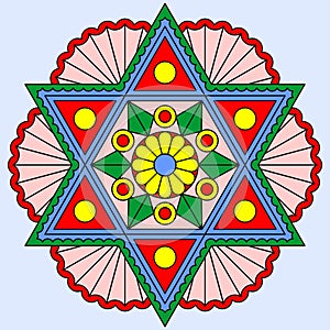 Beautiful colorful mandala on light blue background. Vector designe with six-pointed star