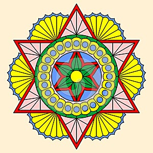 Beautiful colorful mandala with six-pointed star on light yellow background. Vector designe