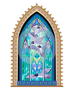 Beautiful colorful medieval stained glass window. Gothic architectural style with pointed arch. Breton sea coast with seagulls.